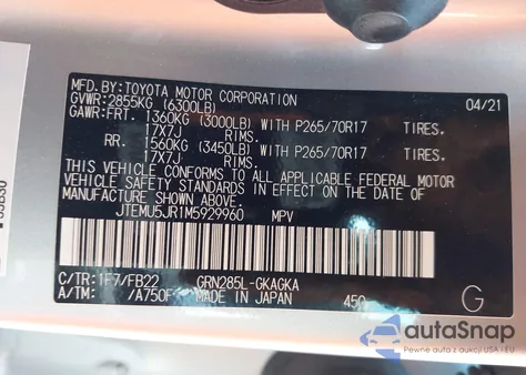 2021 Toyota 4Runner from USA, damaged, VIN JTEMU5JR1M5929960